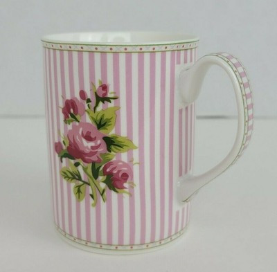 Laura Ashley Bone China Celia Floral Coffee Cup Mug Pink Stripe Handle 4" Tall | eBay CA