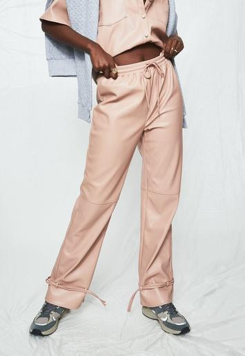 Peach Faux Leather Tie Hem Joggers | Missguided (UK & IE)