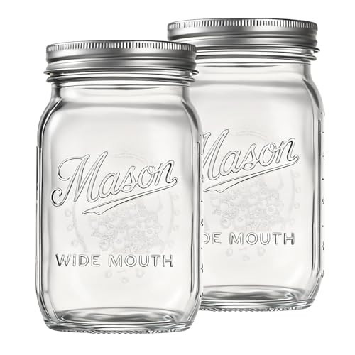 Dralaw Mason Jars 32 oz,2 Pack Large Wide Mouth Mason Jar with Airtight Lids and Bands|Quart Glass Canning Jars for Pickling, Fermenting and Food Storage Microwave&Dishwasher Safe | Amazon (US)