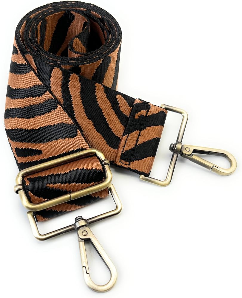 Brown Black Zebra Purse Strap with Brass Hardware 2 Inch Wide Replacement Crossbody Guitar Style ... | Amazon (US)