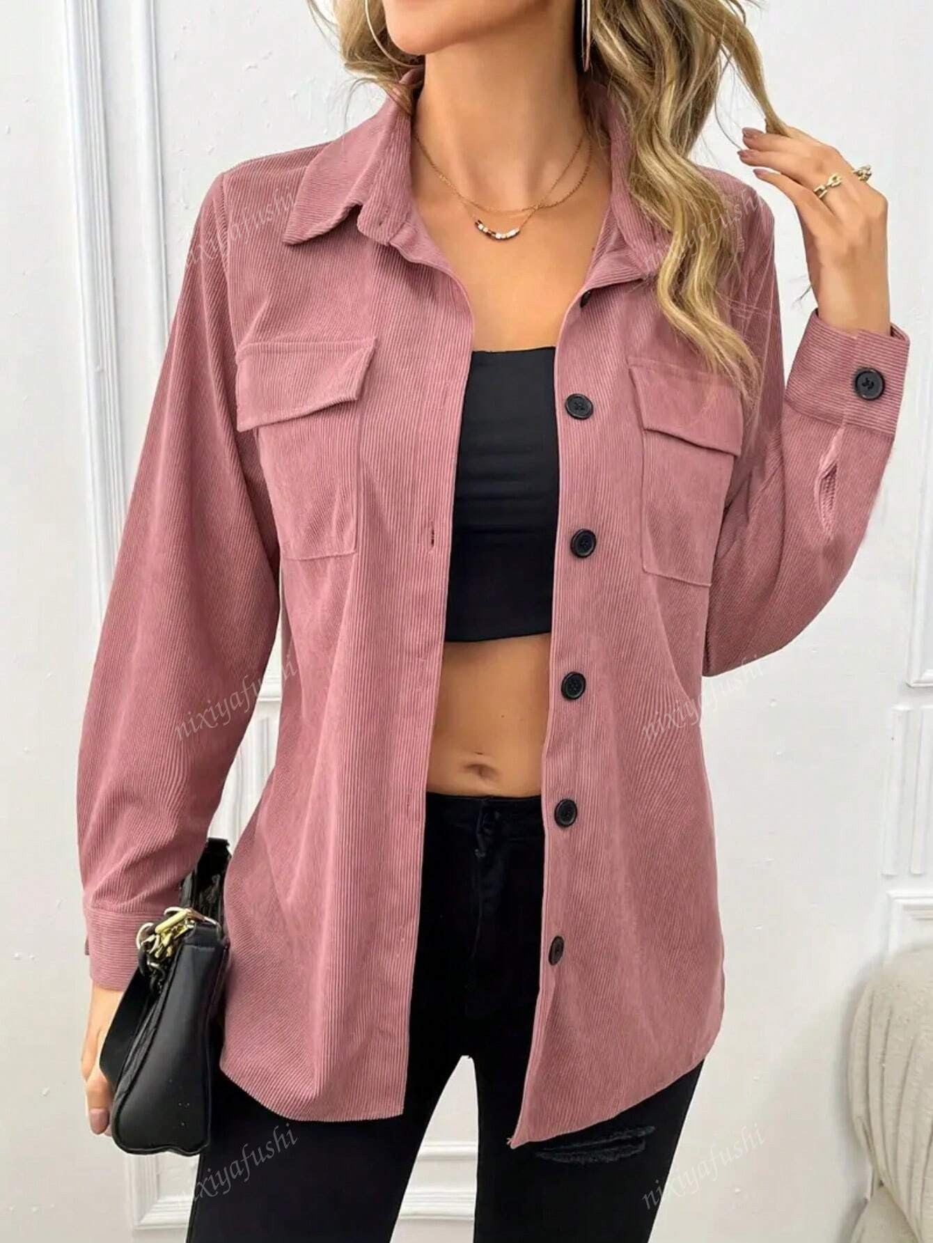 Women Spring & Autumn Solid Color Long Sleeve Utility Pocket Casual Shirt | SHEIN USA | SHEIN