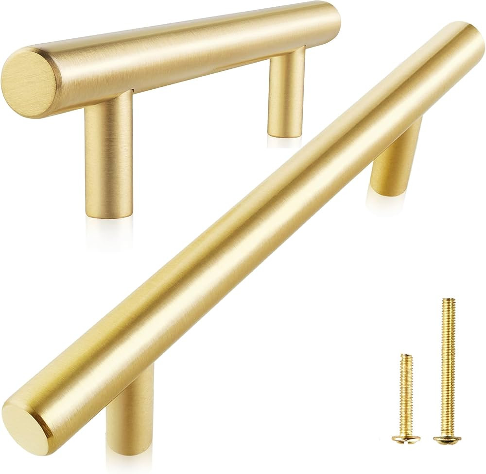 QOGRISUN 2-Pack Solid Brass Cabinet Pulls, Gold Euro Style T Bar Handles, 3-Inch Hole Center for ... | Amazon (US)