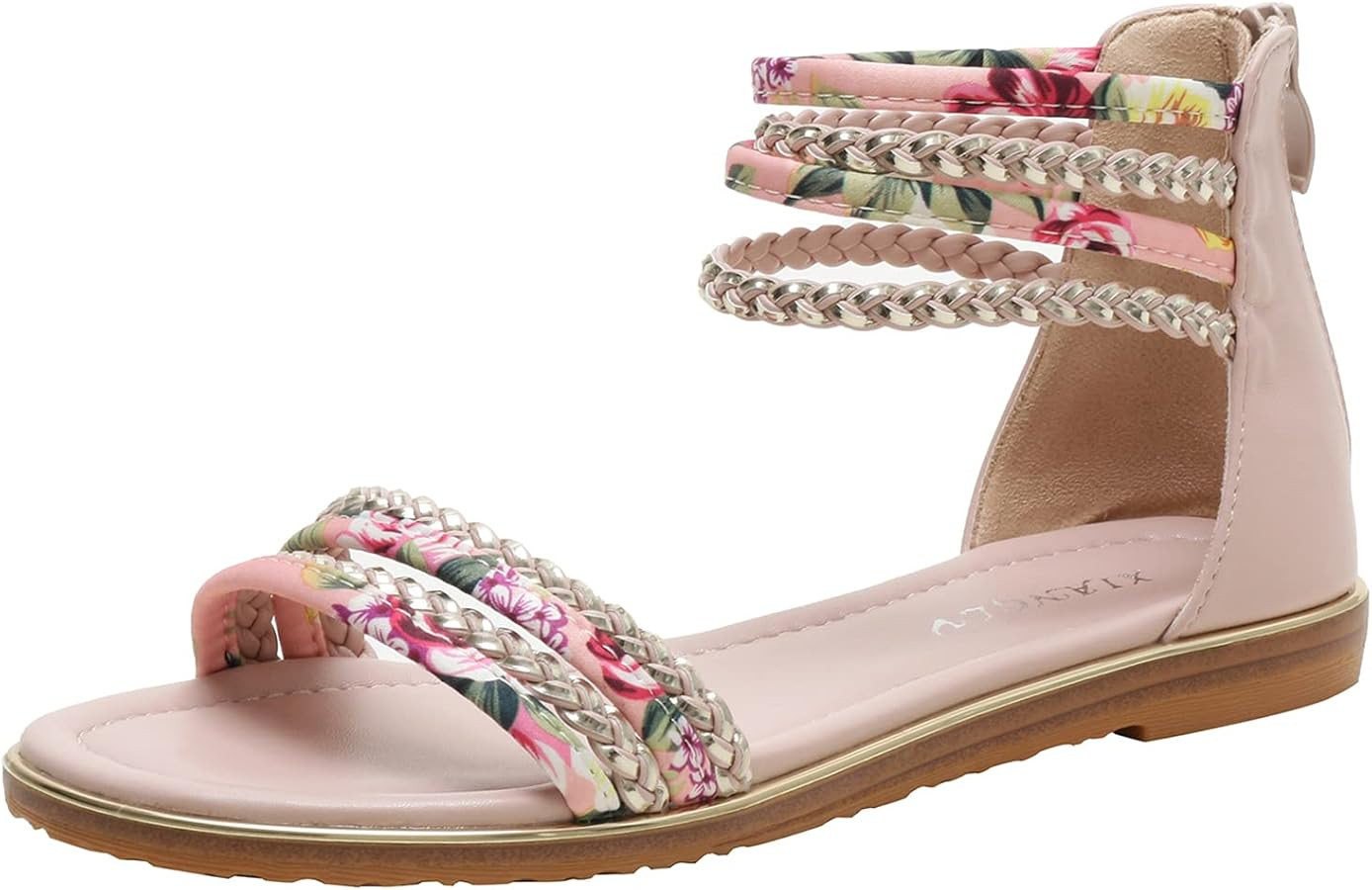 LOCIIXAT Womens Summer Rhinestone Embellished Flat Braided Shoes Studding Gladiator Sandals with ... | Amazon (US)