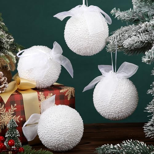 Soulchen 4 Pcs White Pearl Christmas Ball Ornaments 3.15 Inch Shatterproof Hanging Foam Pearl Balls Christmas Decorations for Tree Xmas Holiday Wedding Party Decor | Amazon (US)