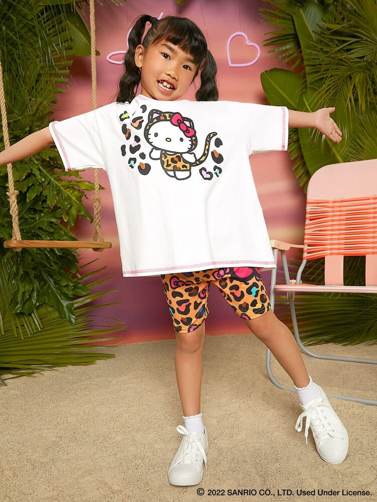 SHEIN X Hello Kitty and Friends Girls Leopard & Cartoon Graphic Top-stitching Drop Shoulder Tee &... | SHEIN