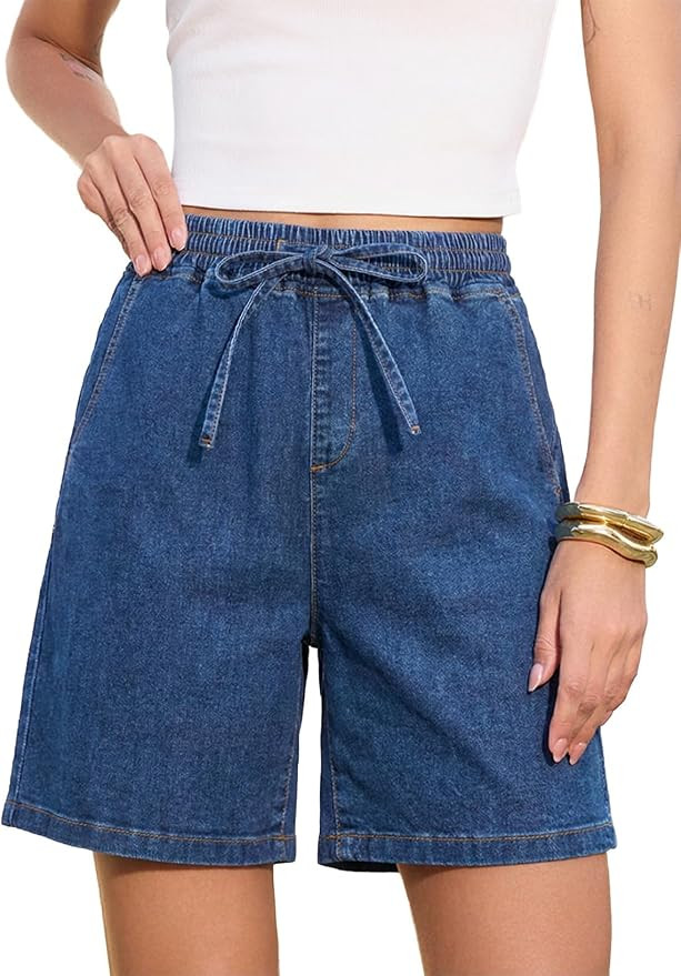 SIDEFEEL Womens Jean Shorts High Waisted Stretchy Summer Drawstring Elastic Waist Baggy Denim Sho... | Amazon (US)