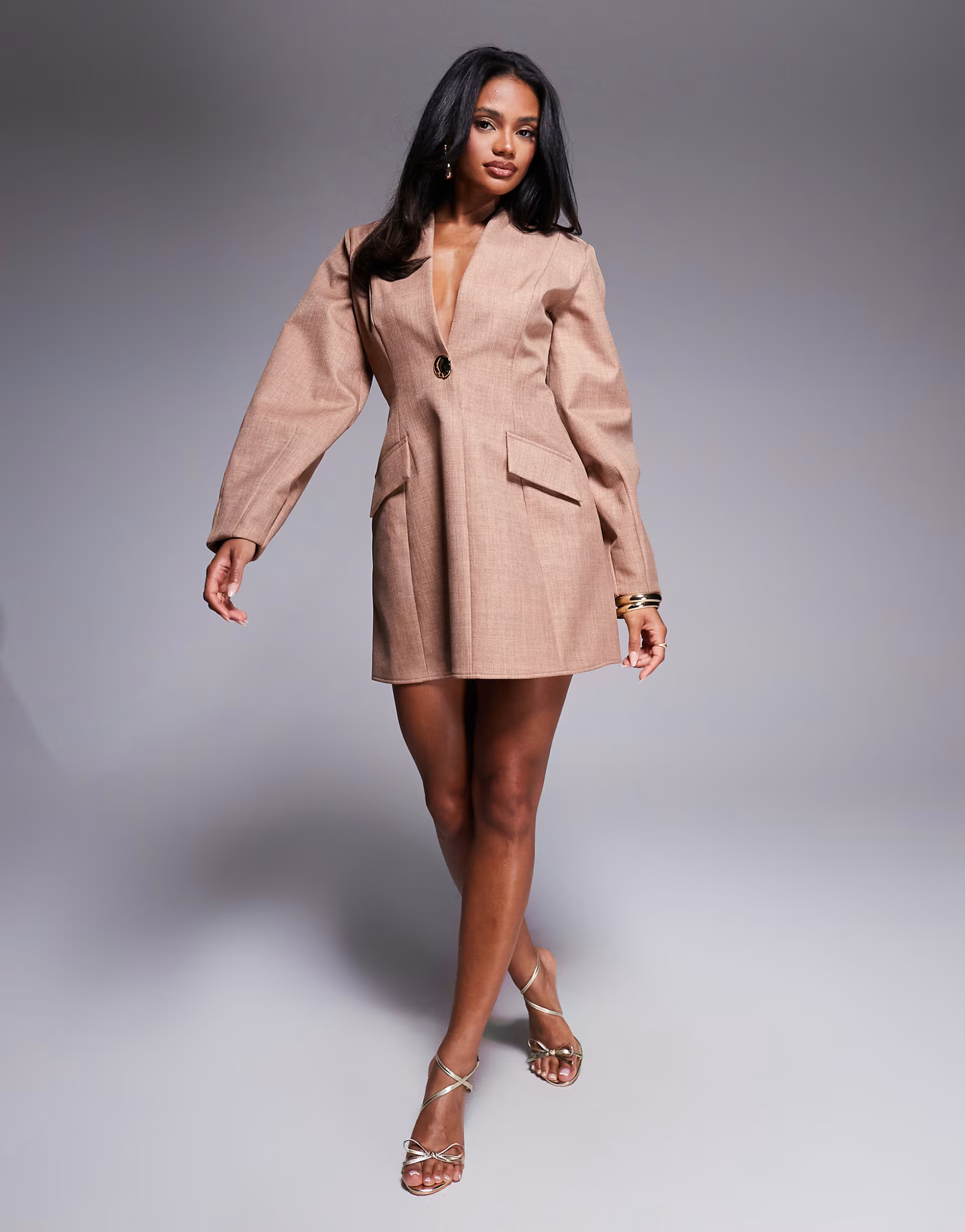 ASOS LUXE structured linen sculpted blazer dress in camel | ASOS (Global)