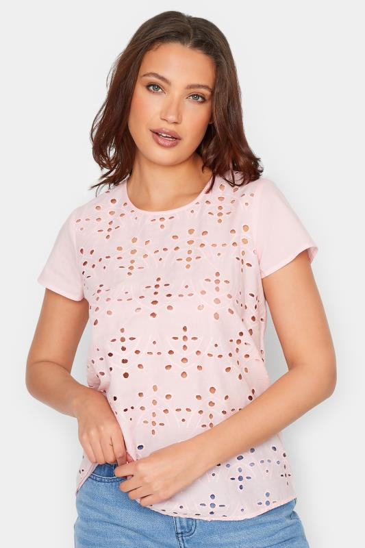 LTS Tall Pink Broderie Anglaise Front T-Shirt | Long Tall Sally