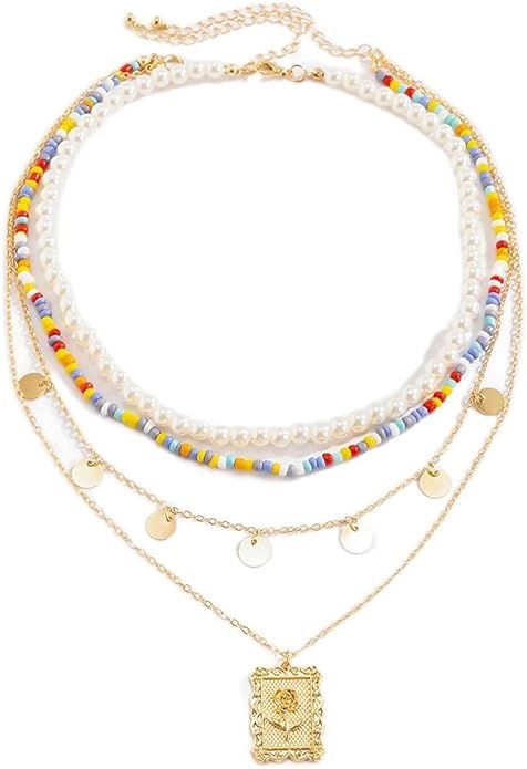 ELABEST Layered Pearl Necklace Gold Colorful Beaded Chain Sequins Pendent Beach Party Nightclub C... | Amazon (US)