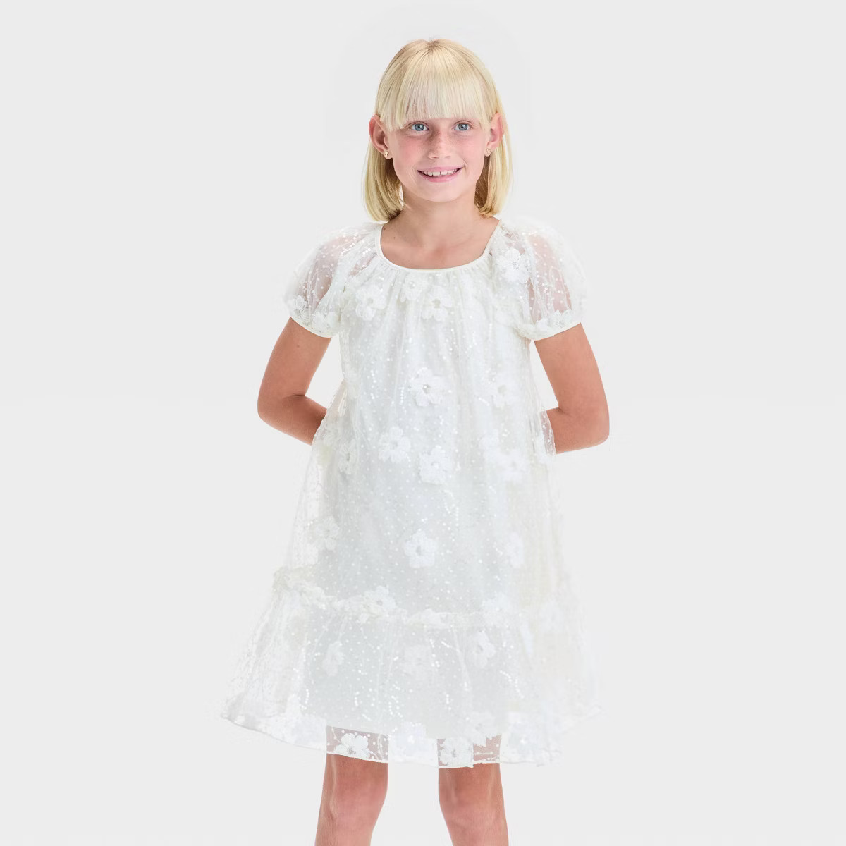 Zenzi Girls' Short Puff Sleeve A-Line Dress - Cream | Target