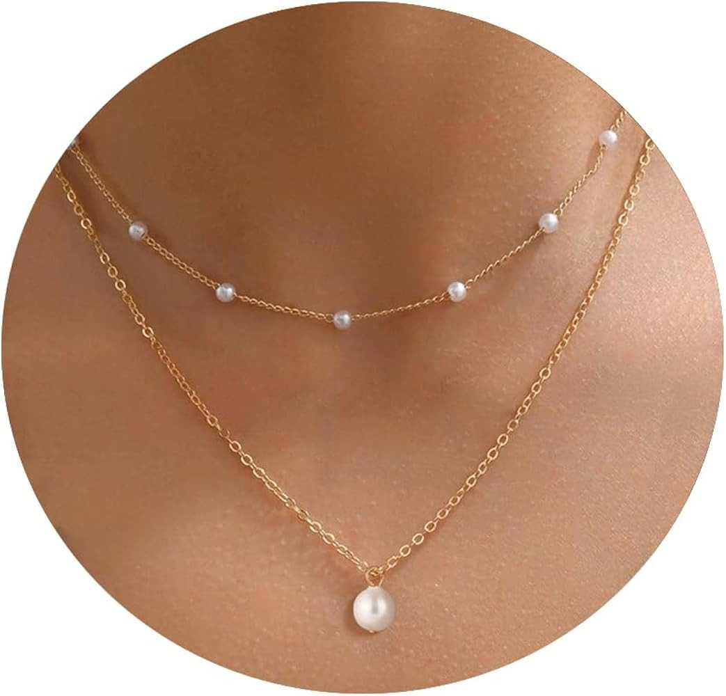 Dainty Pearl Necklaces for Women Girl 14K Gold Plated Layered Pearl Necklace Simple Pearl Choker ... | Amazon (US)