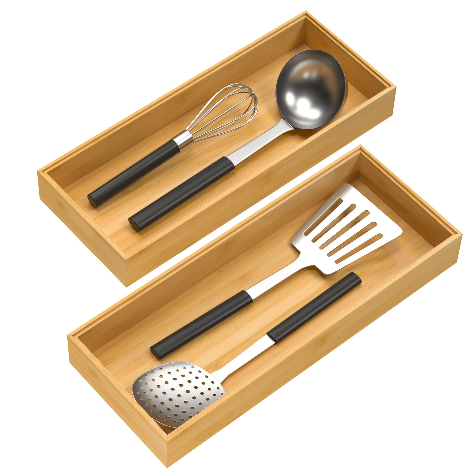 Bamboo Drawer Organizer, Stackable Utensil Organizer for Kitchen, Bamboo Storage Box Wood Silverw... | Amazon (US)