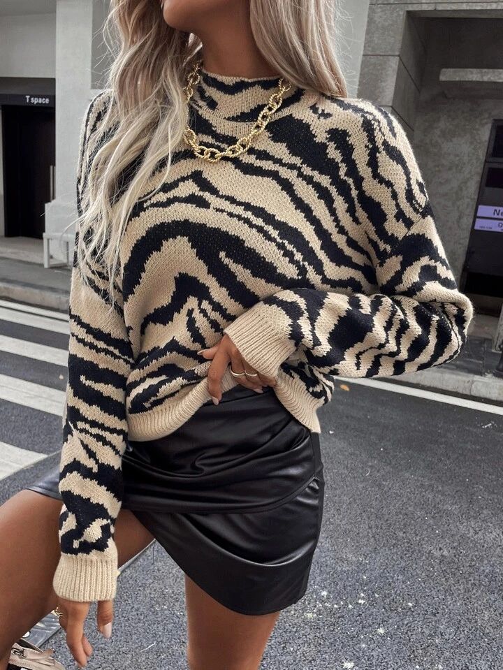 SHEIN Essnce Zebra Stripe Drop Shoulder Sweater | SHEIN