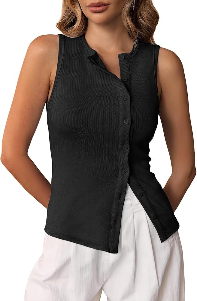 Cicy Bell Womens Button Down Tank Tops Summer Sleeveless Vest Tops Trendy Ribbed Fitted Going Out... | Amazon (US)