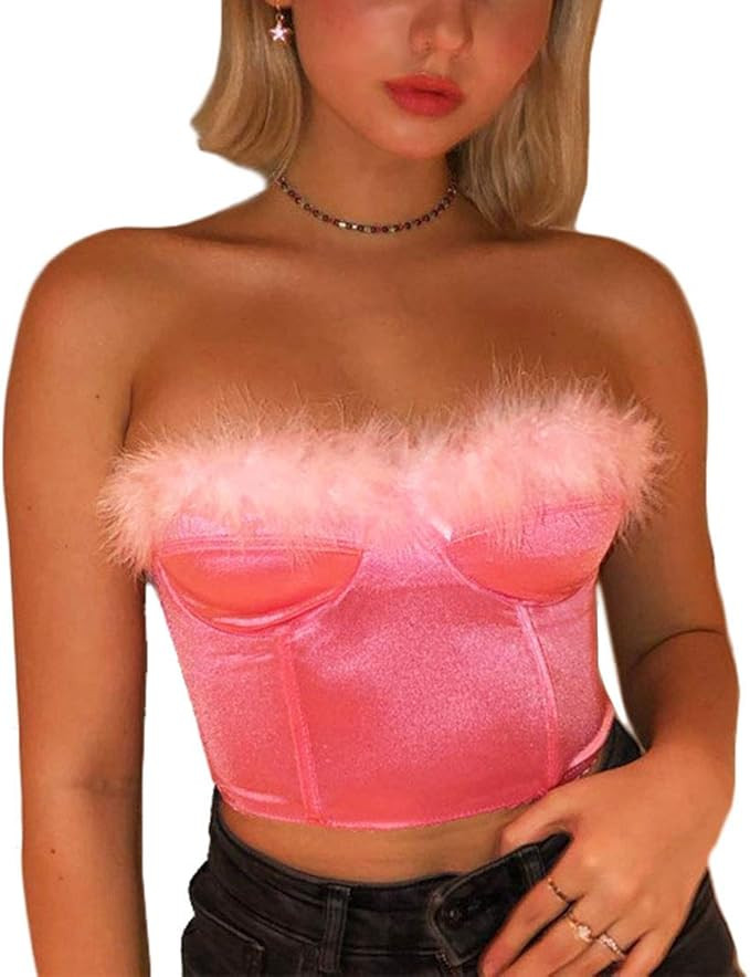 Women Feather Trim Corset Bandeau Tube Crop Tops Bustier Satin Faux Fur Sleeveless Tank Bra | Amazon (US)
