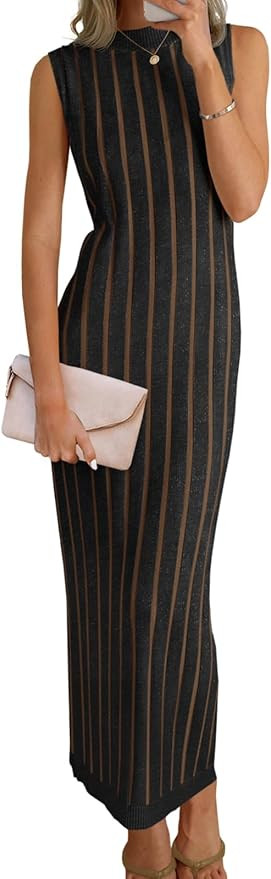 Wenrine Womens Sleeveless Sweater Dress Mock Neck Ribbed Knit Fall Tank Maxi Dresses | Amazon (US)