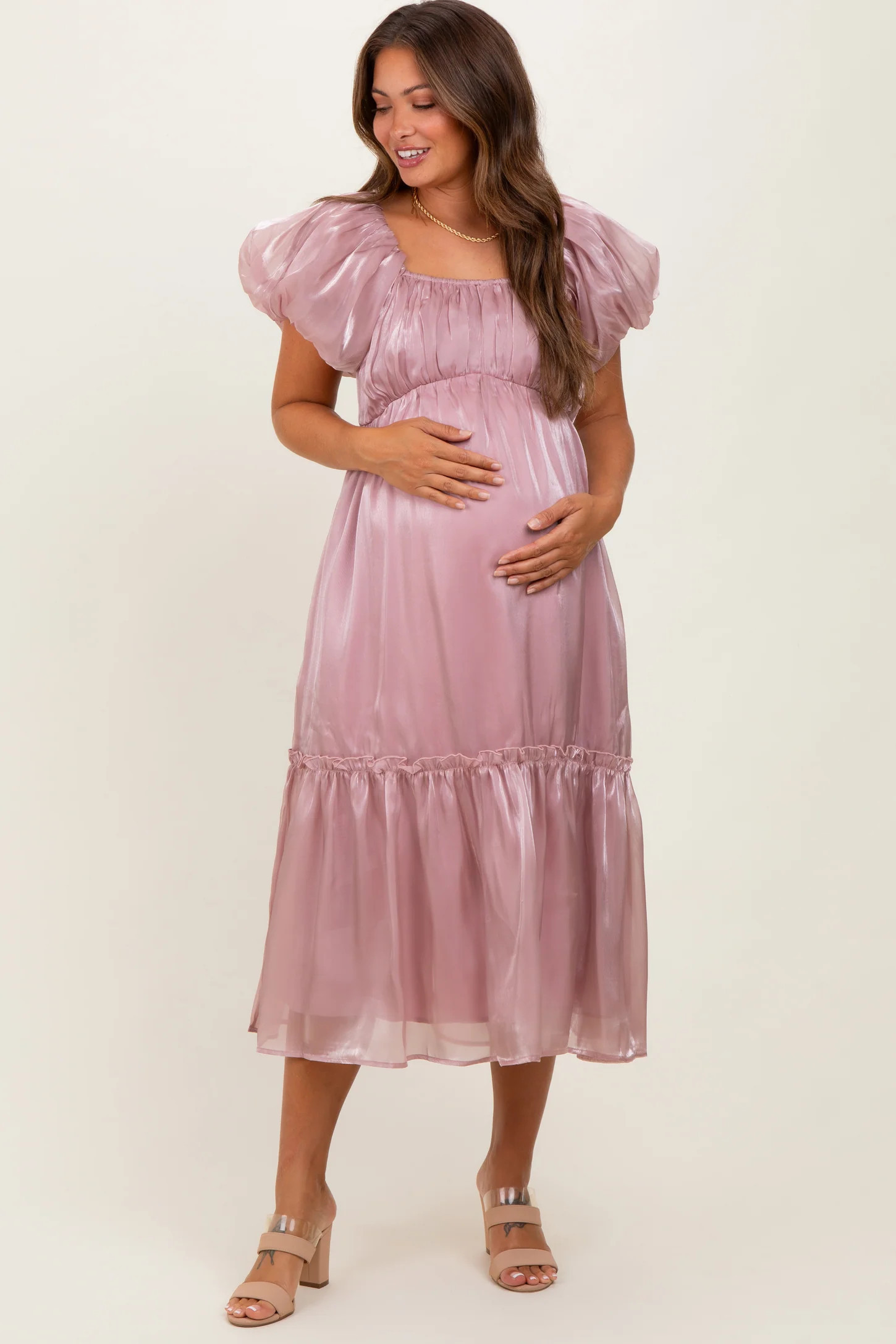 Pink Organza Puff Sleeve Maternity Midi Dress | PinkBlush Maternity
