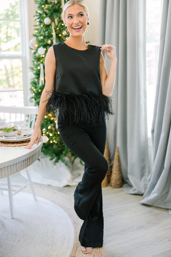 Be The Drama Black Feather Trim Blouse | The Mint Julep Boutique