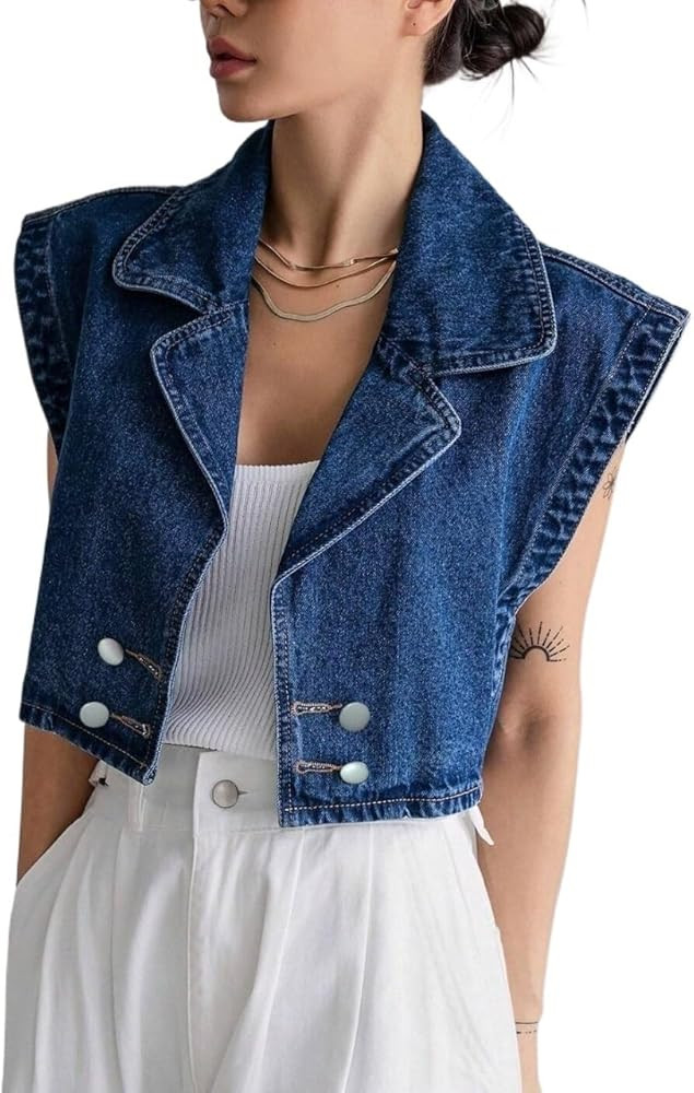 Women's Batwing Sleeve Double Breasted Denim Shirt Sleeveless Lapel Collar Cropped Jean Tops Wome... | Amazon (US)
