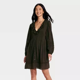 Women's Long Sleeve Ruffle Mini Dress - Universal Thread\u2122 Brown S | Target