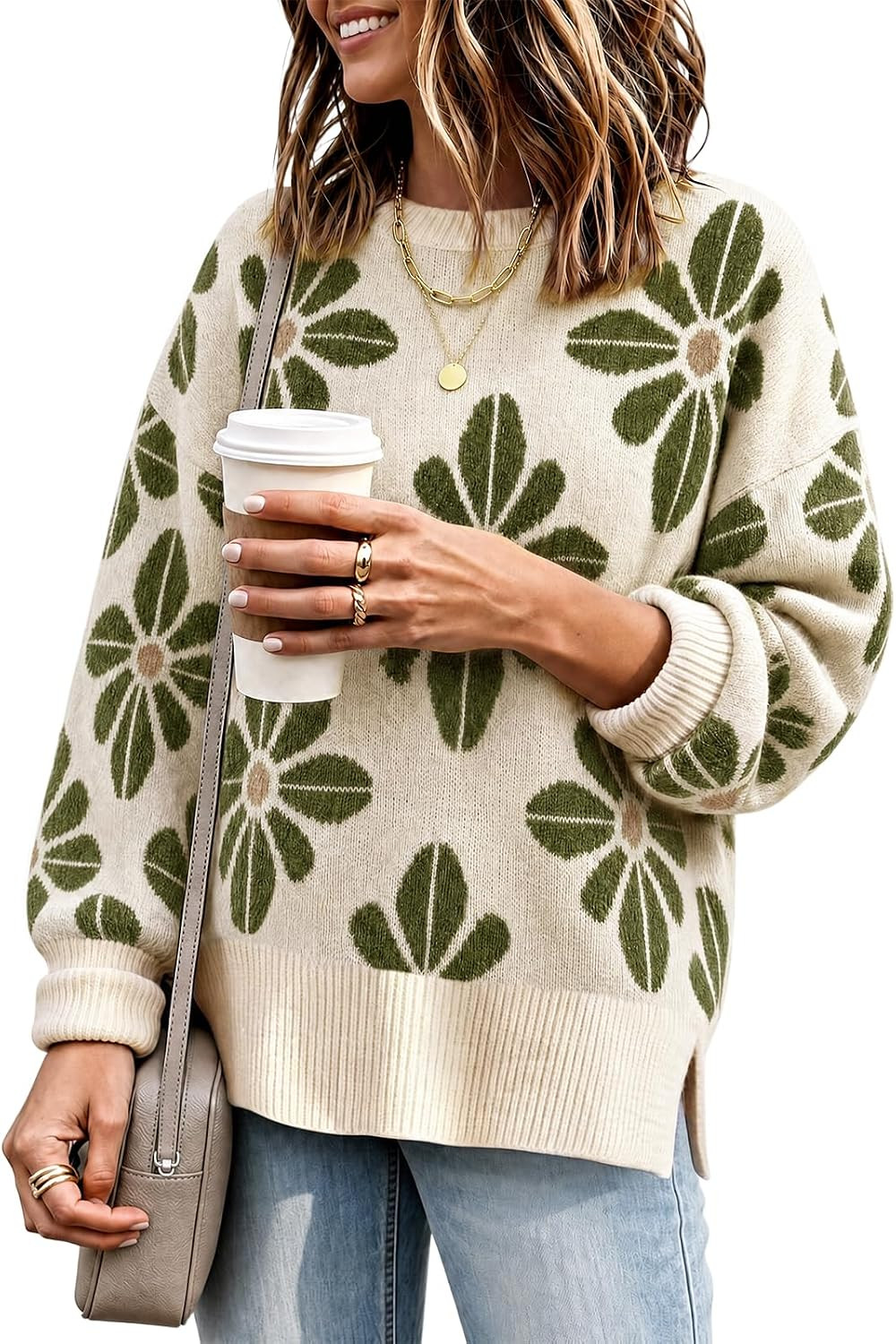 Yousify Women's Oversized Floral Sweater Fall Long Sleeve Knit Pullover Top | Amazon (US)