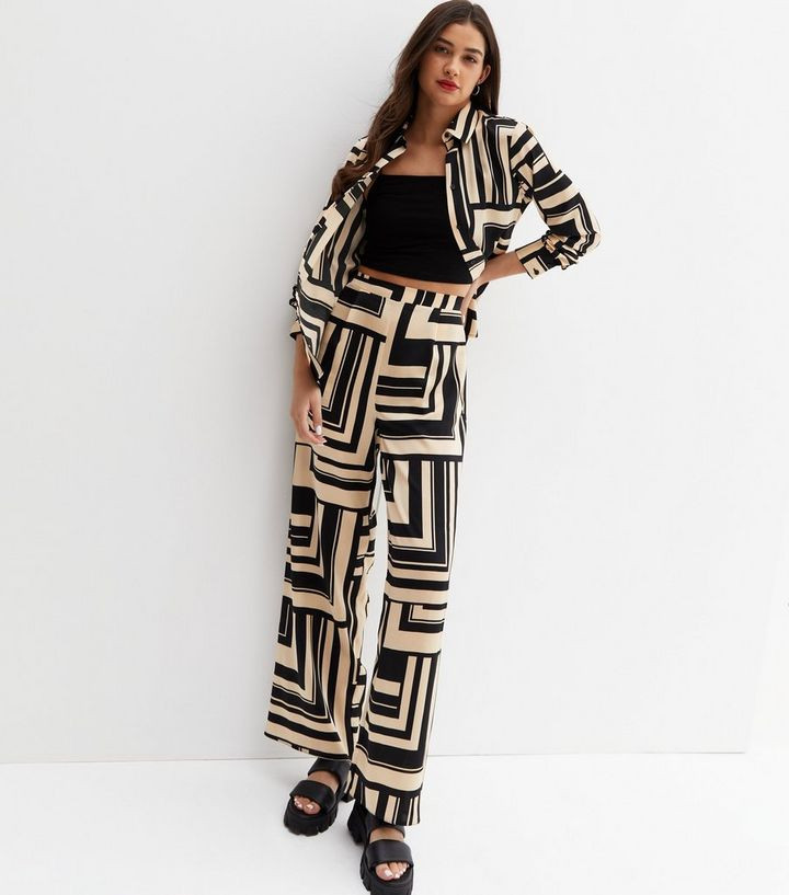 Black Geometric Square Print Satin Wide Leg Trousers
						
						Add to Saved Items
						Remove... | New Look (UK)