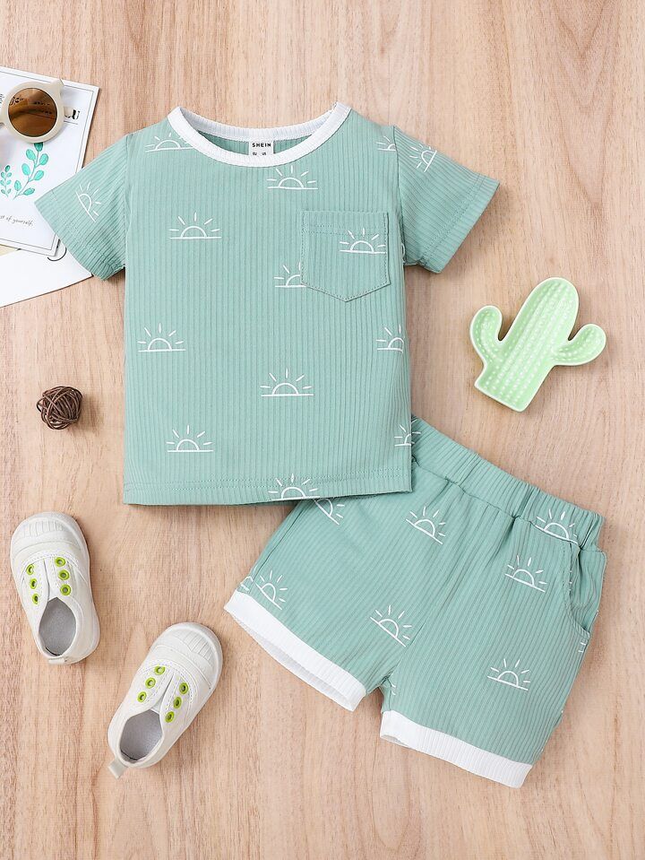 Baby Boy Sun Print Patched Pocket Tee & Shorts | SHEIN