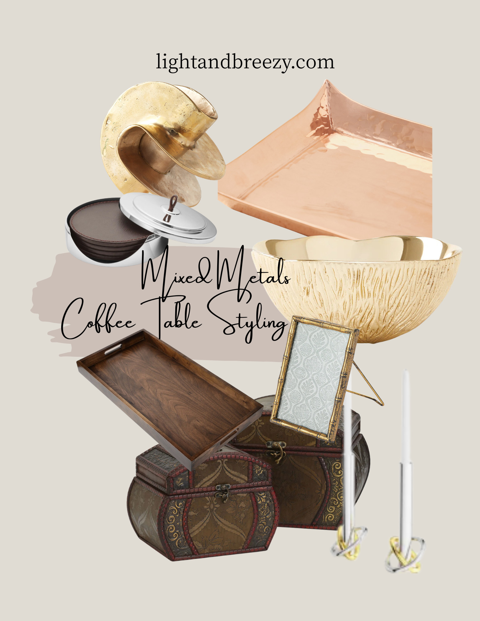 Mixed metals coffee table styling - break the matchy-matchy rule! Shop this layered metallic coffee table decor featuring brass bowl, copper tray, silver candlestick, brushed gold frame, antique brass box, and brushed nickel coasters on warm walnut wood. The formula: brass (warm) + copper (warm) + silver (cool) + wood (neutral). Mix polished, hammered, and brushed finishes for coffee table styling that feels collected over time. Perfect for modern glam living room decor and elevated coffee table ideas. 

 #coffeetabledecor #coffeetablestyling #mixedmetalsdecor #brassdecor #copperdecor #coffeetabledecorideas #decoratingcoffeetables #metallichomedecor #coffeetablestyleideas #livingroomdecor #modernglam #glamdecor #coffeetable #brassbowl #coppertray #silveraccents #brushedgold #mixedmetals #coffeetabledecorlivingroom #homestyling #homedecor #layeredmetals #warmandcoolmetals #modernhome #coffeetableideas #stylingcoffeetable #moderncoffeetabledecor #luxurystyle #collecteddecor #metalaccents #warmmetals #goldaccents #nickelcoasters #woodandmetal #ltkhome #shopltk #amazonhome #targetstyle #coffeetableinspo #homeaccents #interiordesign #glamourous #decorideas #coffeetablelook #metallicstyle #elevatedstyle #LTKHome