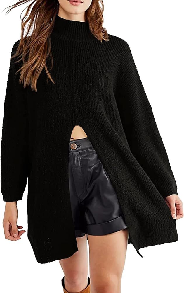 Women's Turtleneck Sweaters Long Sleeve Oversized Tunic Sweater Front Slit Knit Pullover Tops | Amazon (US)