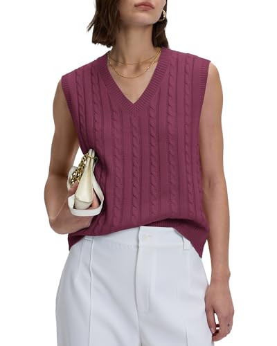 Locachy Women's Vintage Loose V Neck Sleeveless Cable Knit Preppy Style Pullover Sweater Vest Burgundy -Small | Amazon (US)