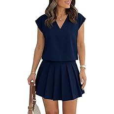 Wenrine Womens 2 Piece Skirt Sets Summer Casual V Neck Crop Tops Pleated Mini Skort Skirts Vacati... | Amazon (US)