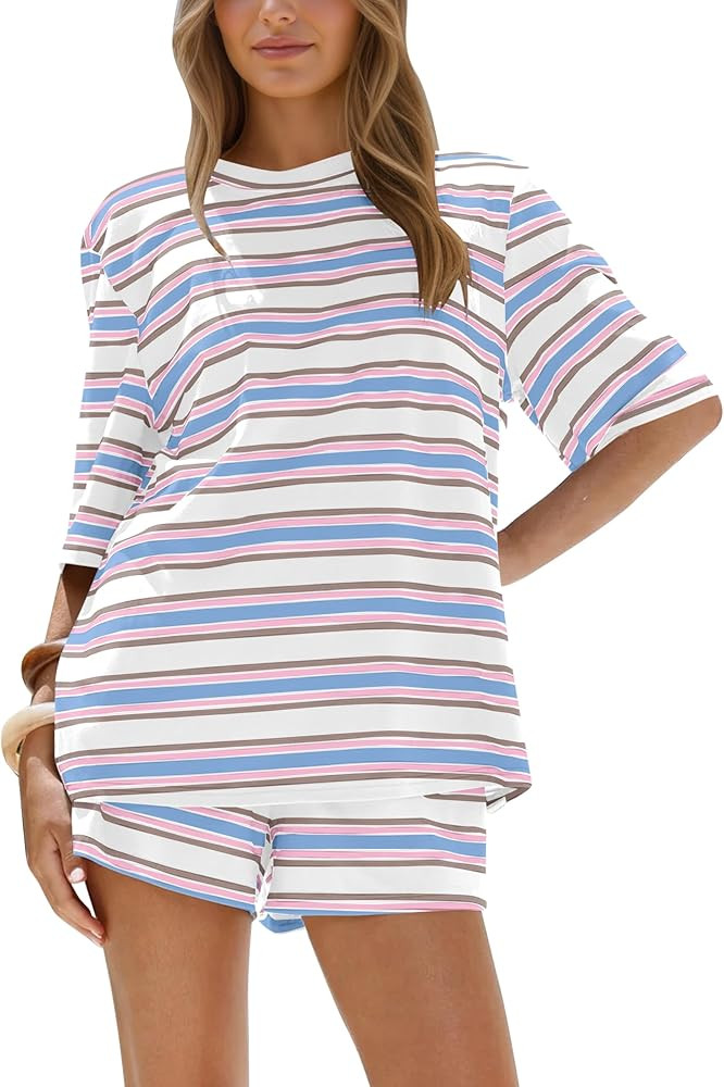 Burtell Summer Striped 2 Piece Short Sets For Women Casual Oversized T Shirts Wide Leg Shorts Mat... | Amazon (US)