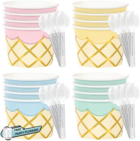 Creative Converting Ice Cream Party Treat Cups Bundle | 4 Colors of Cups & Spoons for 16 Guests | Bi | Amazon (US)