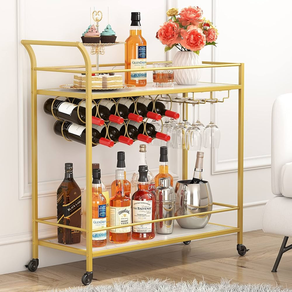 Lifewit Bar Cart, Home Bar Serving Cart, 2 Tier Drink Cart with 9 Wine Bottle Racks, Liquor Bever... | Amazon (US)
