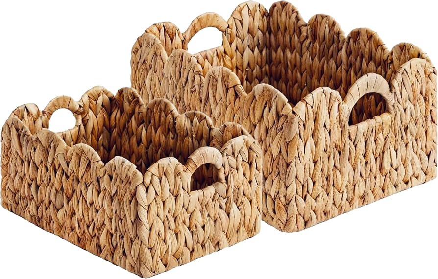 Set of 2 Scalloped Edge Wicker Storage Basket with Built-in Handles, Rectangle Water Hyacinth Bas... | Amazon (US)
