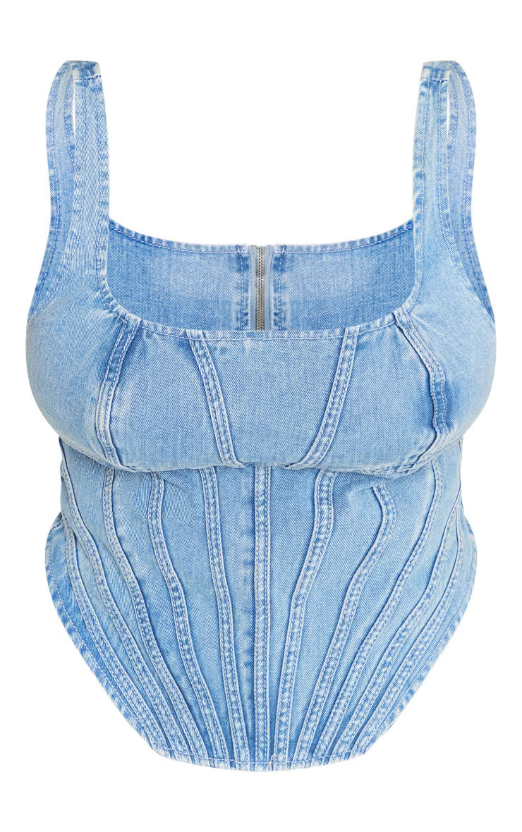 Plus Vintage Light Wash Seam Detail Denim Corset | PrettyLittleThing US
