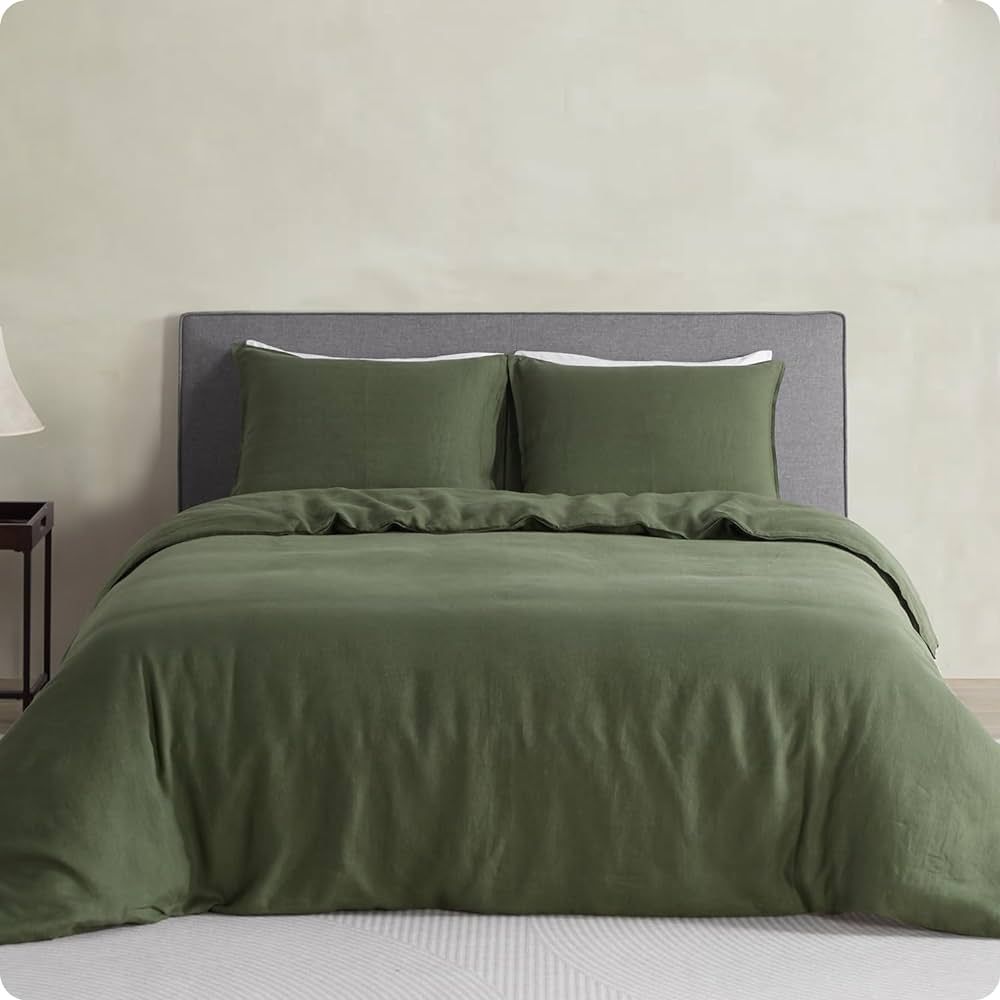DAPU 100% Linen Olive Green Duvet Cover Set - Pure Natural French Flax Linen with 8 Corner Ties and Zipper Closure Soft Breathable Durable for Hot Sleepers 1 Duvet Cover 2 Pillowcases (King) | Amazon (US)
