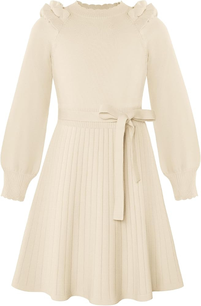 GRACE KARIN Girls Sweater Dress Fall Winter Knit Long Sleeve Ribbed Ruffle Waist Tie Size 5-12 Cr... | Amazon (US)