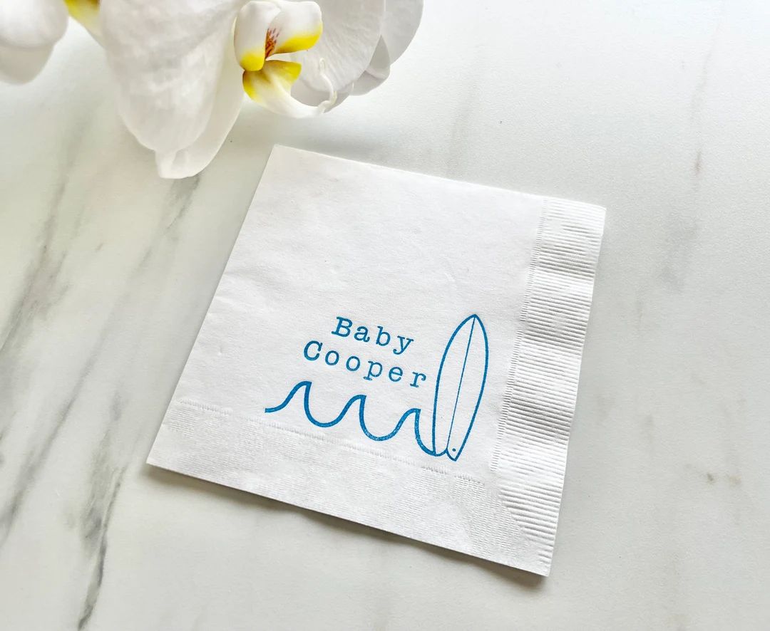 25 Baby on Board Surf Baby Shower Custom Cocktail Napkins White Napkins Bright Blue Ink Baby Birt... | Etsy (US)