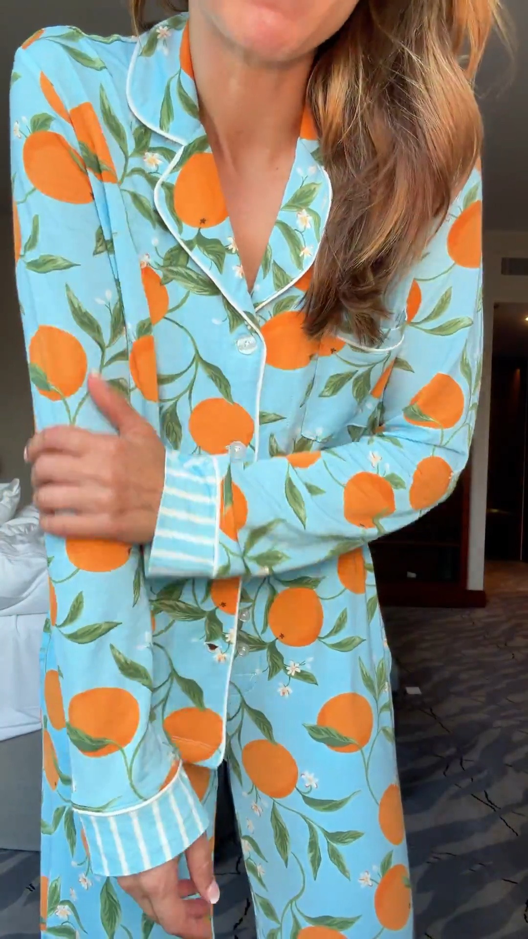 Matching orange print pajama set in XS - could size down if in-between. Has pockets and stretchy waistband. Comes with matching eye mask. Functional buttons. I packed these for Europe! Matching pajama sets.

#LTKootd #LTKgrwm #LTKmorningroutine