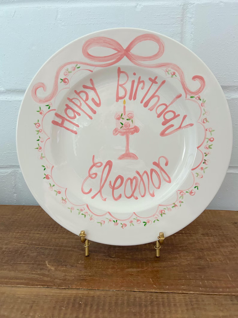 Girls Dainty Scallops Birthday Plate / Pink Bow Ribbon First Birthday / Pink and White / Smash Ca... | Etsy (US)