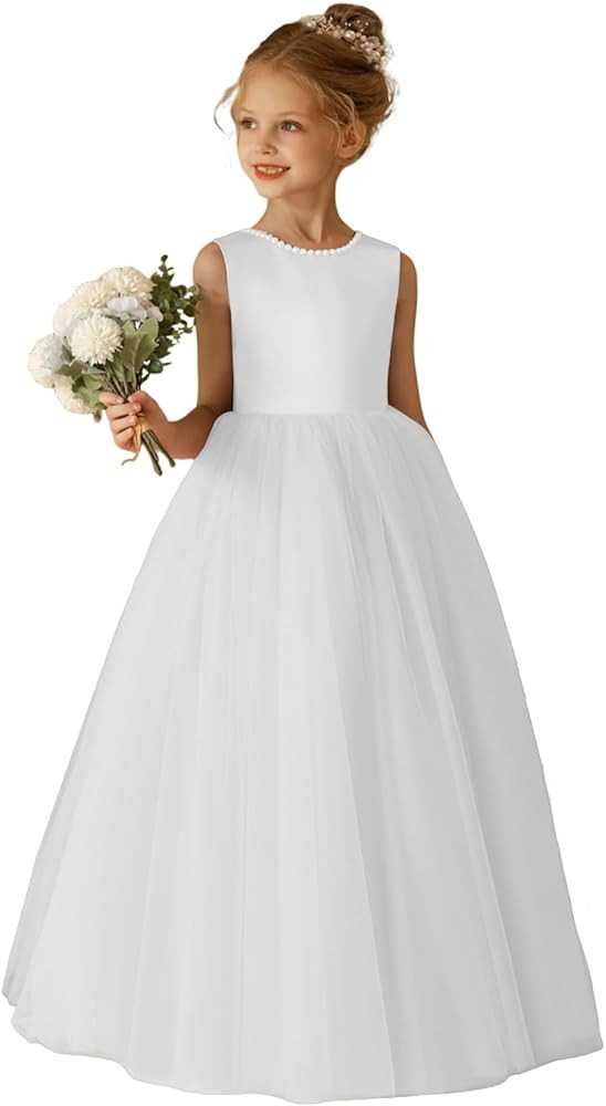 Elegant O-Neck Flower Girl Dress for Wedding Girl's Pearls Formal First Communion Dresses with Bo... | Amazon (US)