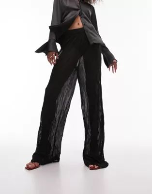 Topshop crinkle sheer lace wide leg pants in black | ASOS (Global)