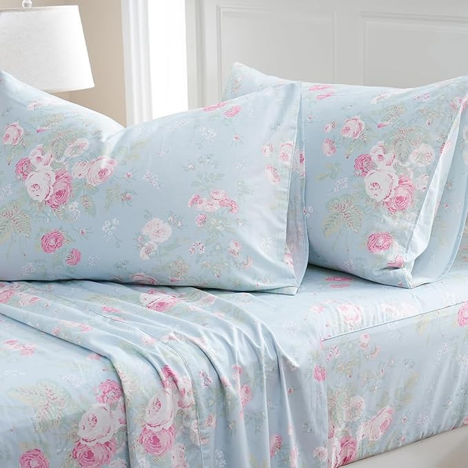 Zusbest Blue Floral Sheets Set Full Size 100% Cotton Pink Flowers Bed Sheet Shabby Vintage Chic B... | Amazon (US)