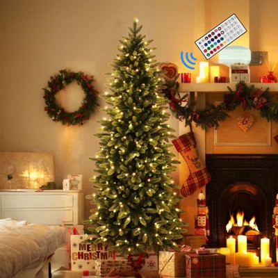 Pencil Artificial Hinged Christmas Tree Prelit With Remote Control, 300 Pre-Lit Multi-Color RGB Lights And 1600 PE & PVC Branch Tips, Perfect Choice F | Wayfair North America