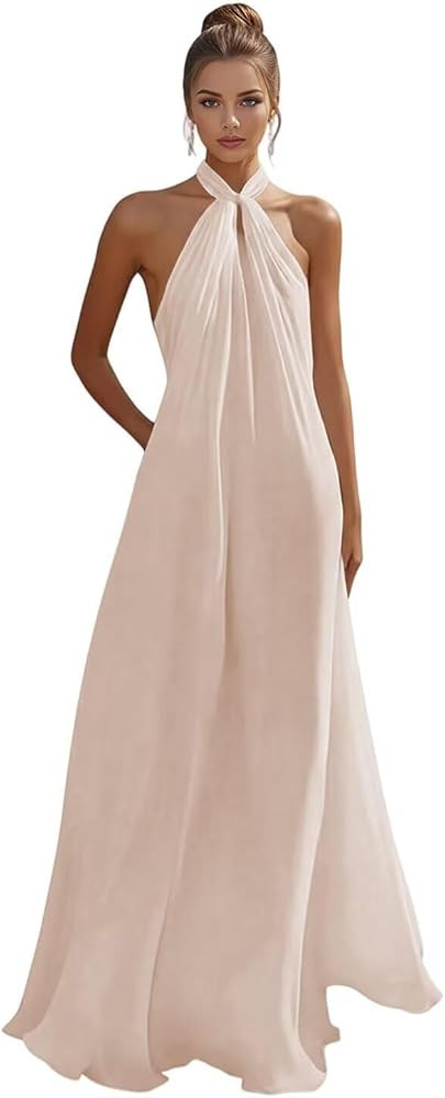 Halter Neck Chiffon Bridesmaid Dresses 2026 Flowy A-Line Zipper Prom Dresses Maxi Ruched Formal E... | Amazon (US)