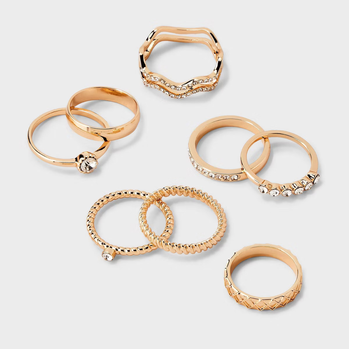 Rhinestone Band Ring Set 8pc - Wild Fable™ Gold: Stacking, Statement Jewelry, Medium/Large, Zin... | Target