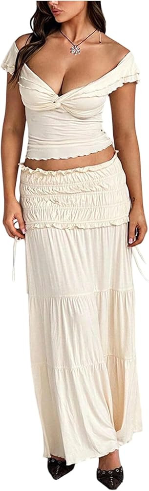 SOLY HUX Women's 2 Piece Skirt Sets Twist Off the Shoulder Crop Tops and Ruffle Maxi Skirt Vacati... | Amazon (US)