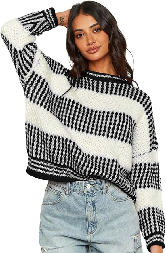 ZAFUL Women's 2024 Fall Winter Color Block Striped Sweater Crew Neck Sweaters Casual Loose Knit S... | Amazon (US)