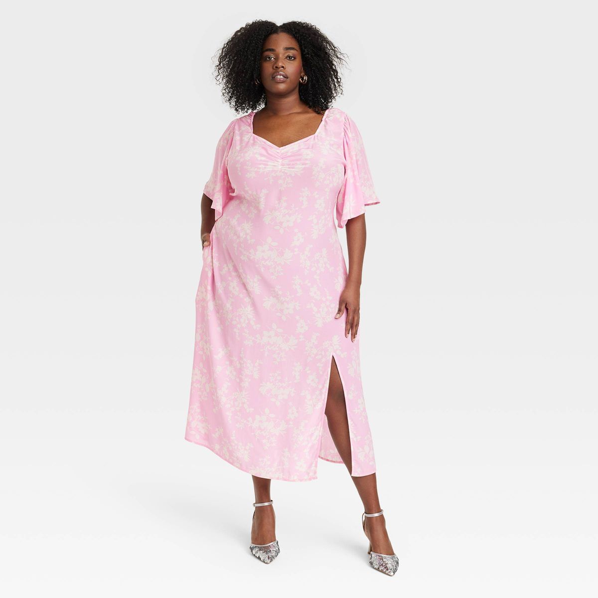 Women's Crepe Flutter Short Sleeve Midi Dress - A New Day™ Pink/White Floral XXL | Target